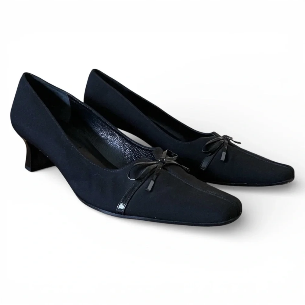 Vintage Van Eli Womens Pump Sz 8N Black Square Toe Bow Spool Heel Preppy Classic